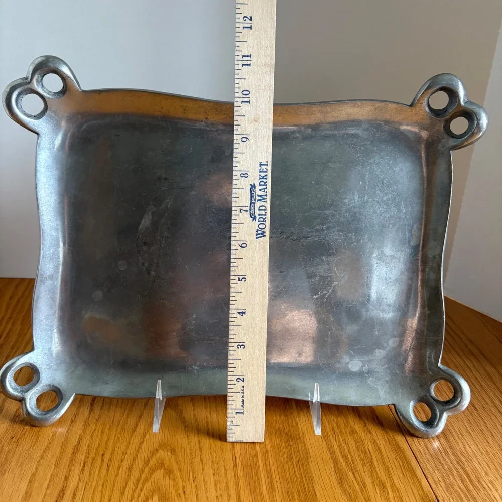 Vintage Cast‎ Metal Rectangular Tray Scalloped Edge Double Hole Handles Silver